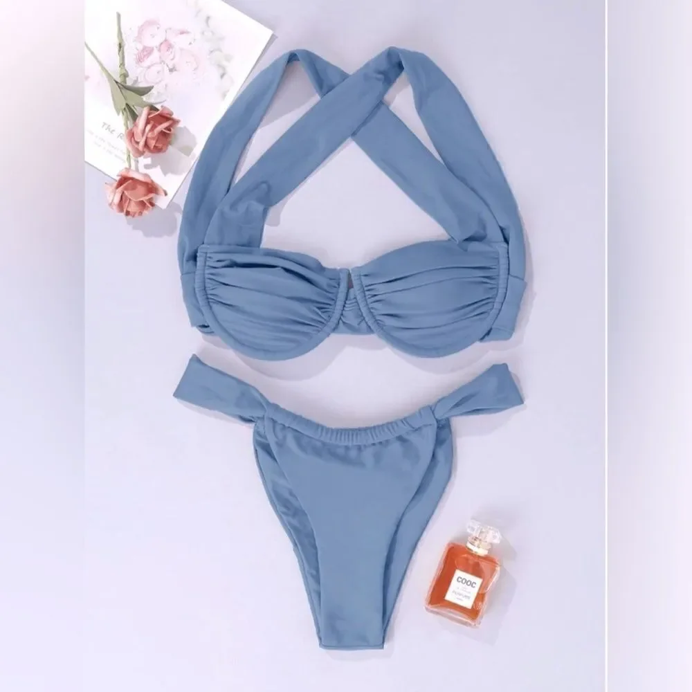 NWT Hilinker Blue Ruched Bikini Criss Cross Back High Cut Swimsuit Set Sz M